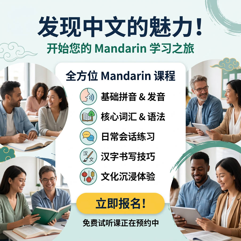Mandarin course promotion with key learning features and diverse students studying