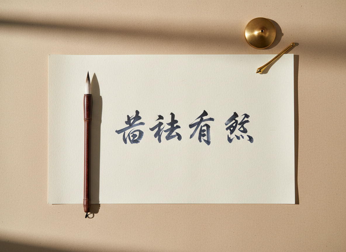 Minimalist elegant flat-lay of Chinese calligraphy practice: a brush pen resting beside handwritten Chinese characters on off-white paper